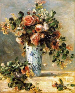 roses Oil Painting - roses and jasmine in a delft vase flower Pierre Auguste Renoir